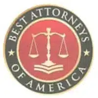 Seal of Best Attorneys of America featuring a balance scale with books on a red background surrounded by a circular black border with white text recognizing top lawyers