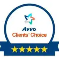 Avvo Clients Choice award badge featuring a blue border with five yellow stars indicating high customer satisfaction and service excellence in legal assistance.