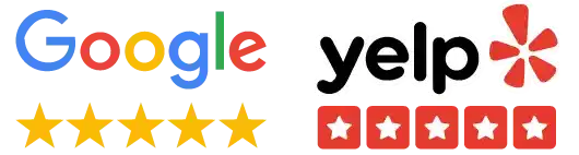 Google and Yelp logo image with five-star ratings highlighting top customer reviews and feedback showcasing excellence in service and quality in online platforms.